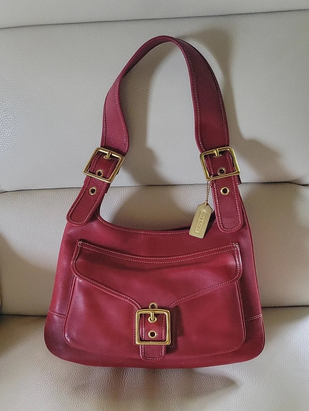 VINTAGE COACH 2003 Red Leather Saddle Bag with Gold Hardware (Style 9340)
